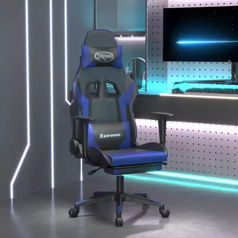vidaXL Gaming Chair with Footrest, Black and Blue, Faux Leather