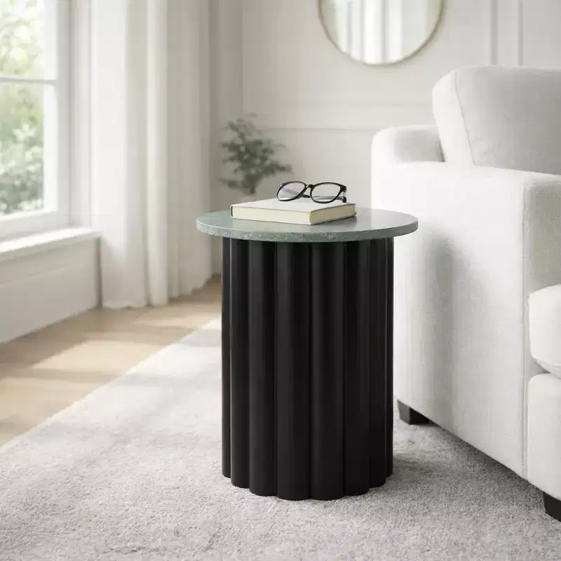 Modern End Table, Side Table, or Small Night Stand for Home Decor - Large Ribbed Table with Marble Top Perfect for Small Spaces - 20 Black & Green