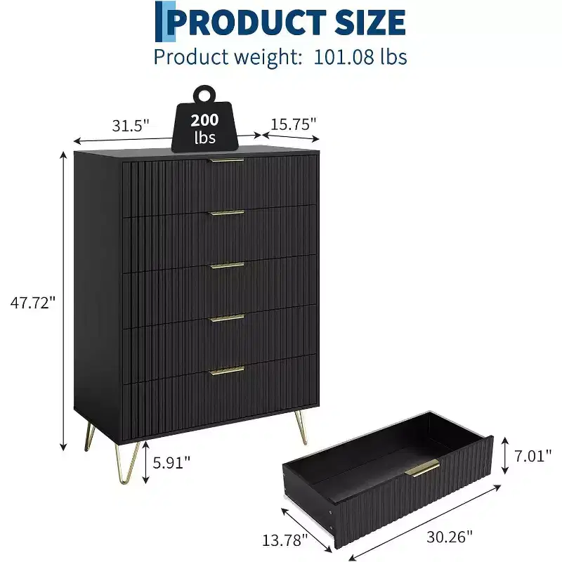 32 Inch Wide Fluted 5-Drawer Dresser, Black Finish with Metal Handles, Multi-Functional Storage Organizer for Bedroom Living Room Hallway