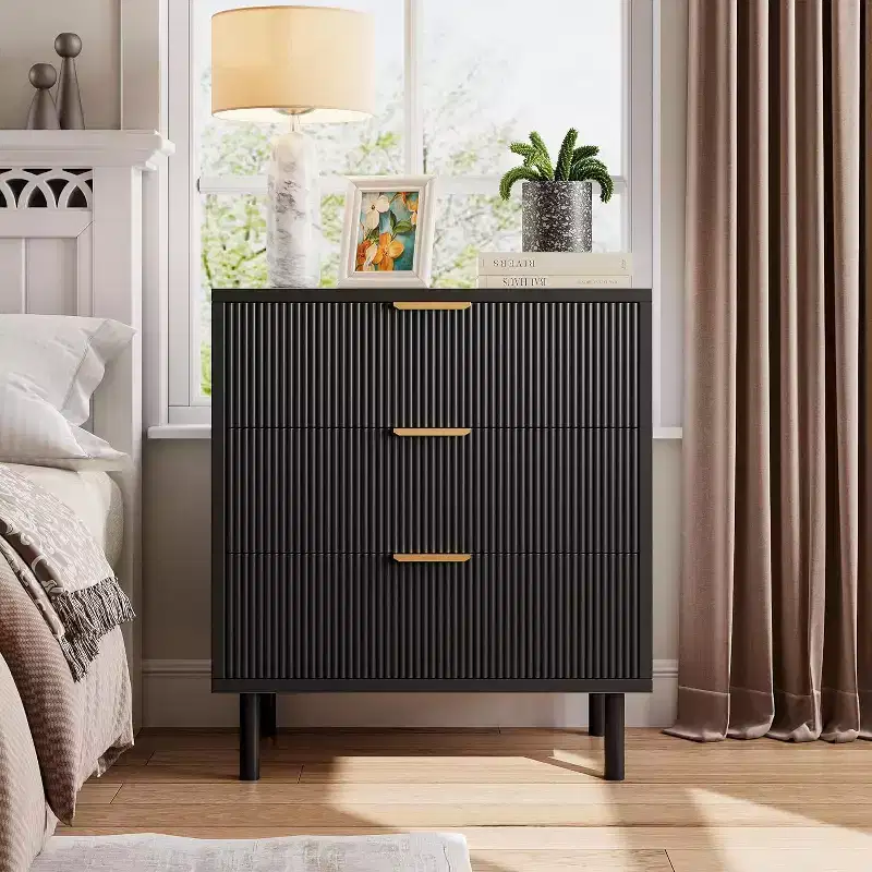 Black Fluted Wood Fresser, Wide 3-Drawer Chest, Modern Storage Organizer with Metal Legs and Anti-Tip Device for Bedroom, Living Room