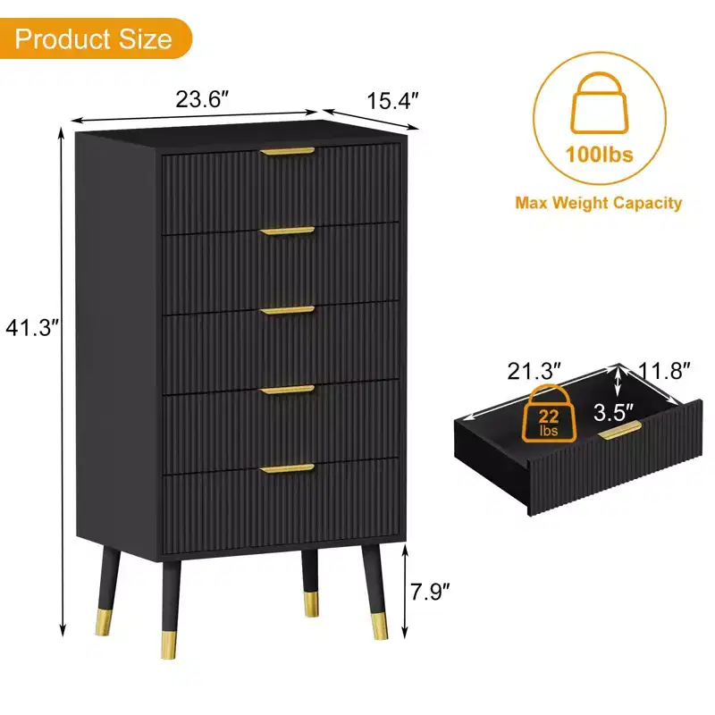 DobleePy 5 Drawer Dresser for Bedroom, Modern Wood Storage Dresser Chest Cabinet Organizer Unit, Small Fluted Nightstands for Bedroom, Black(2 PCS)