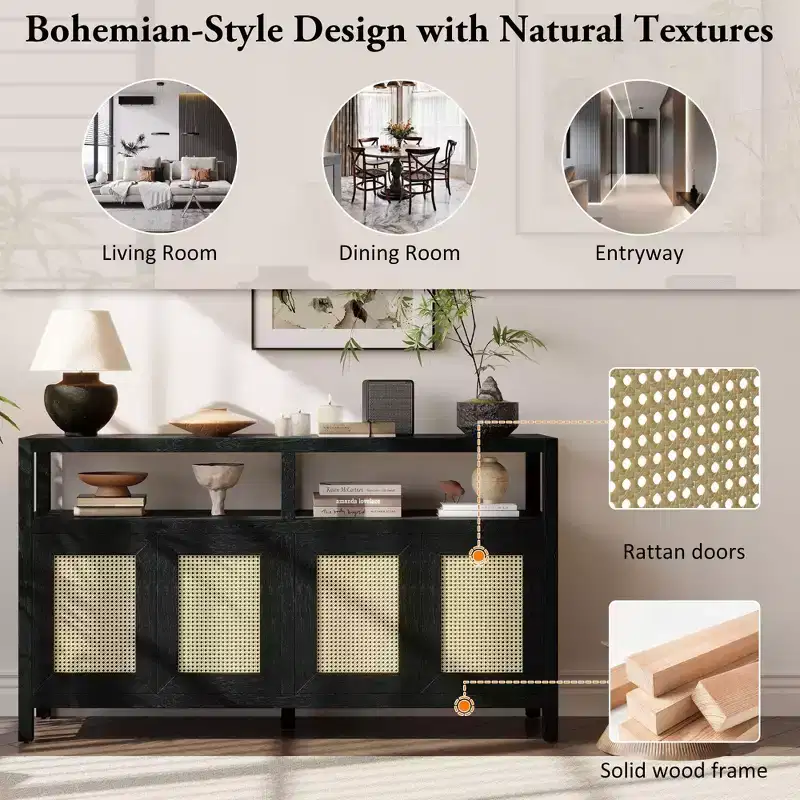 Bohemian Rattan Buffet Cabinet with Wood Frame and Push to Open Design Black