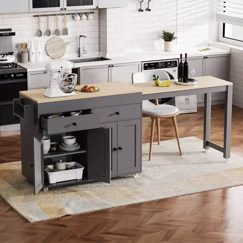 Whisen 74.5 Kitchen Island & Kitchen Storage Cart with Extendable Dining Table, Spice Rack and 2 Drawers