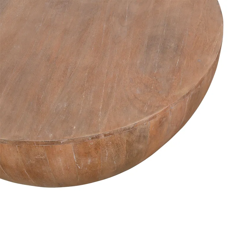 Round Mango Wood Coffee Table with Plank Base, Distressed Brown