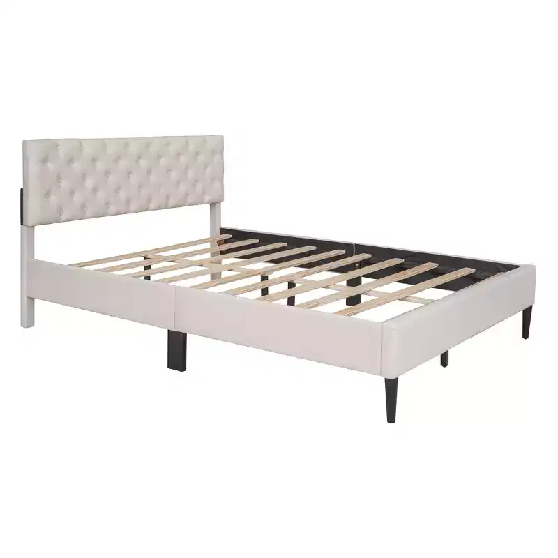 Twin Bed Frame, Upholstered Platform Bed with Button Tufted Headboard, Fabric Bed Frame with Wooden Slats Support, No Box Spring Required, Beige