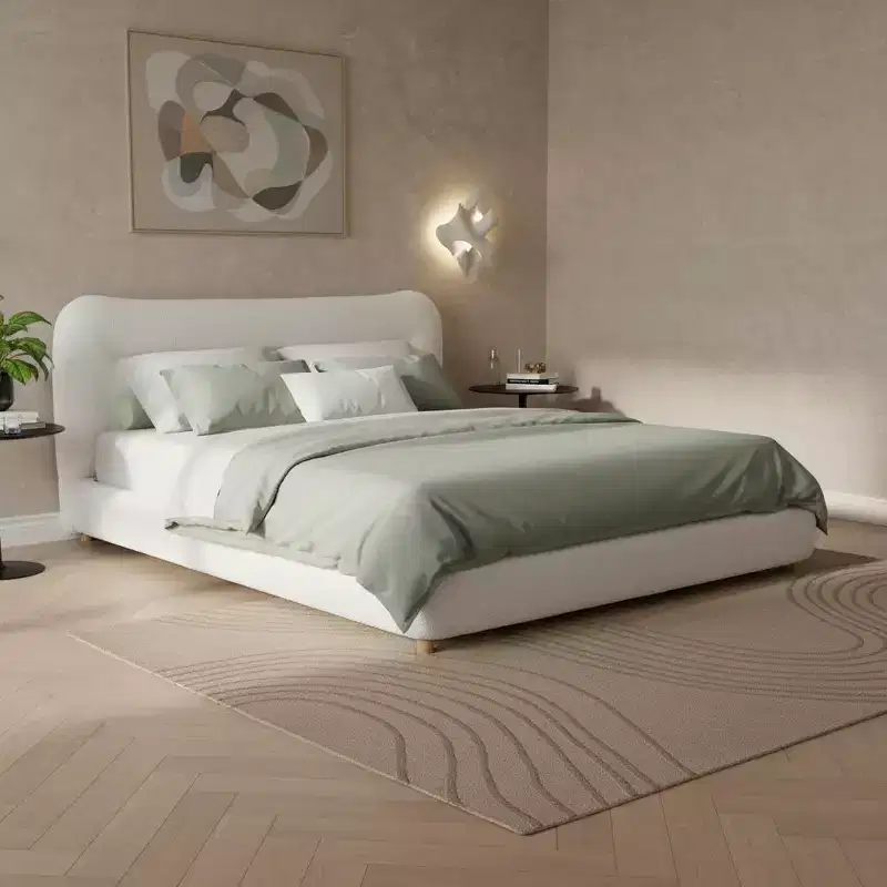 Queen/King Size Minimalist Platform Bed Frame with Soft Upholstered Headboard, Curved Design, Cream White - ModernLuxe