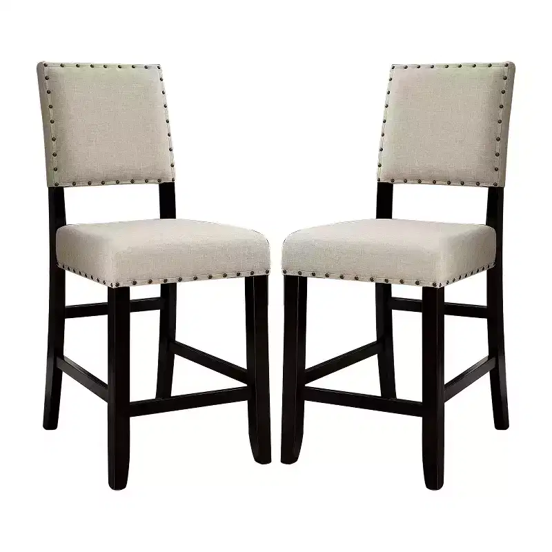 Beige Linen Counter Height Chair with Nailhead Trim, Set of 2