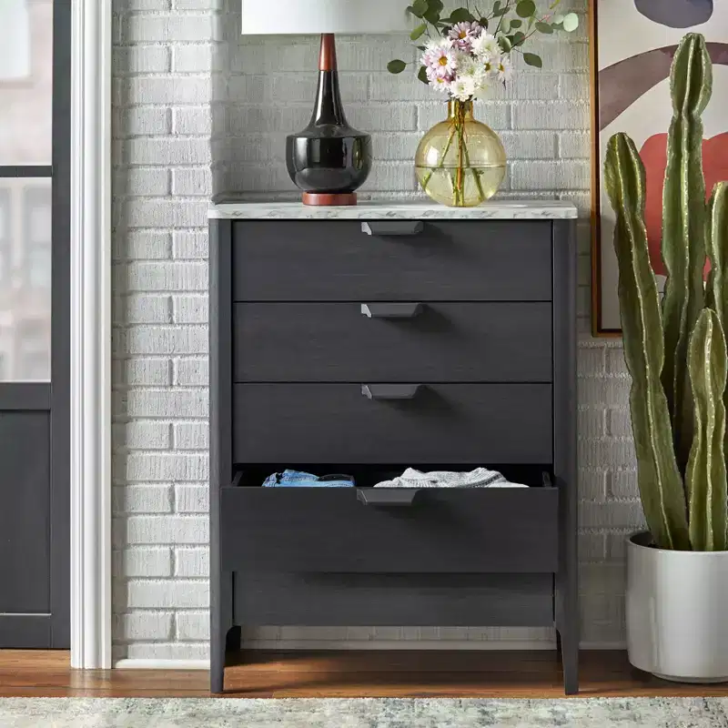 Buylateral Keely Modern 5 Drawer Faux Marble Top Chest Dresser Charcoal Gray: Mid-Century Modern, Bedroom Storage, Faux Marble Top