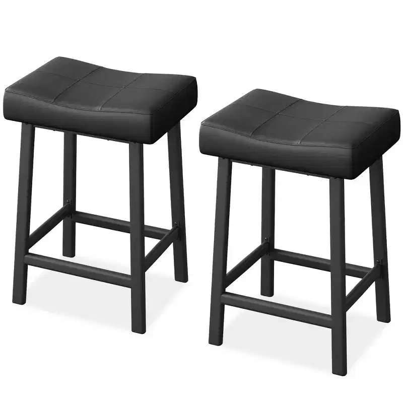 24 Inch PU Leather Barstools Set of 2, Counter Height Bar Stools, Metal Legs, Thick Saddle Seats, Breakfast Stools, for Kitchen