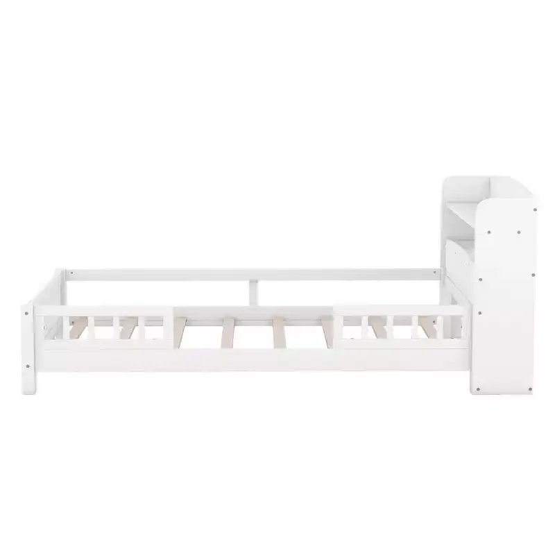 Platform Bed with Storage Shelves LED Light Headboard Guardrail, No Box Spring Needed, White Twin Size
