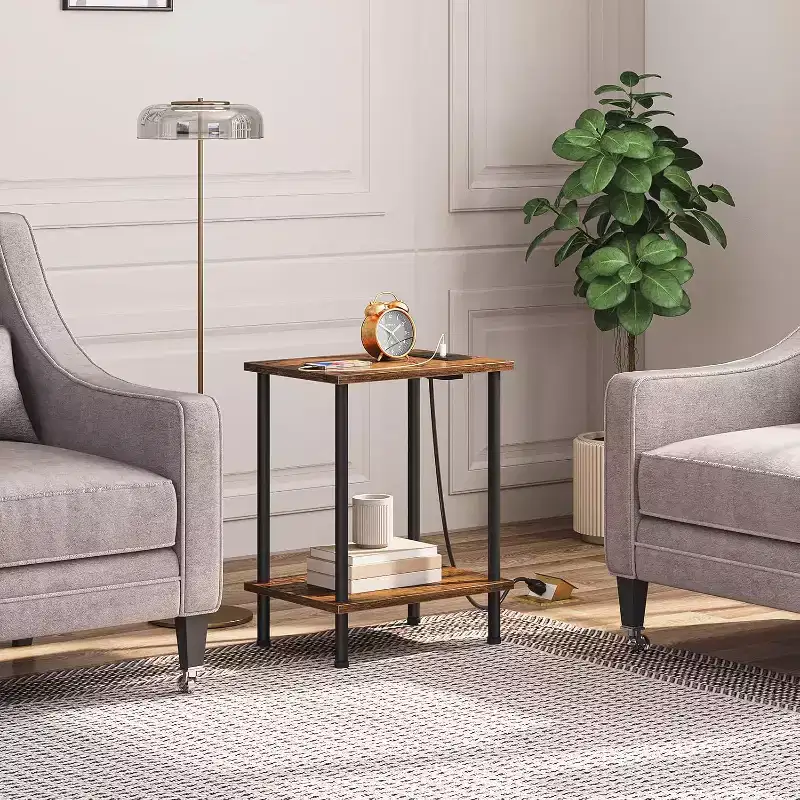 ACOINEL Side Table with Charging Station, End Table/Nightstand with USB Port, Type-C & AC Outlet, 2-Layer Storage Shelves