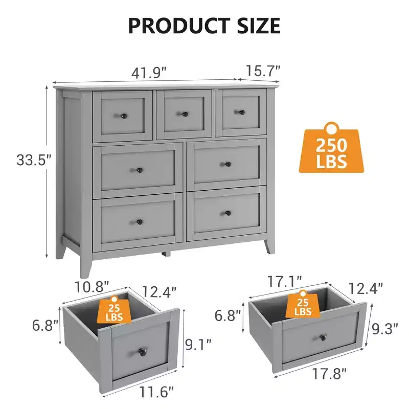 Modern 7-Drawer Dresser  Wood Organizer with Round Handles, Deep Drawers for Ample Storage, for Bedroom, Living Room, or Entryway