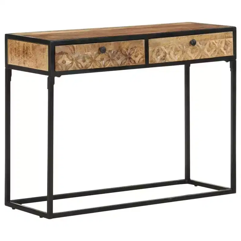 Solid Mango Wood Console Table with Carved Drawers & Steel Frame, 39.4