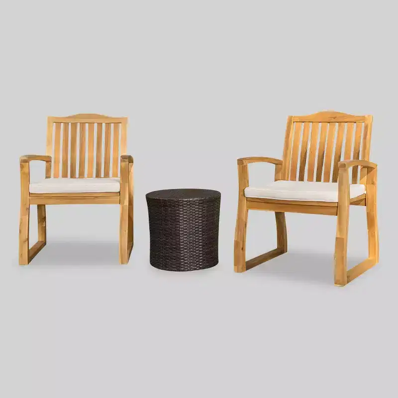 Tampa 3pc Acacia Wood & Wicker Patio Chat Set - Brown - Christopher Knight Home: Weather-Resistant with Cushions