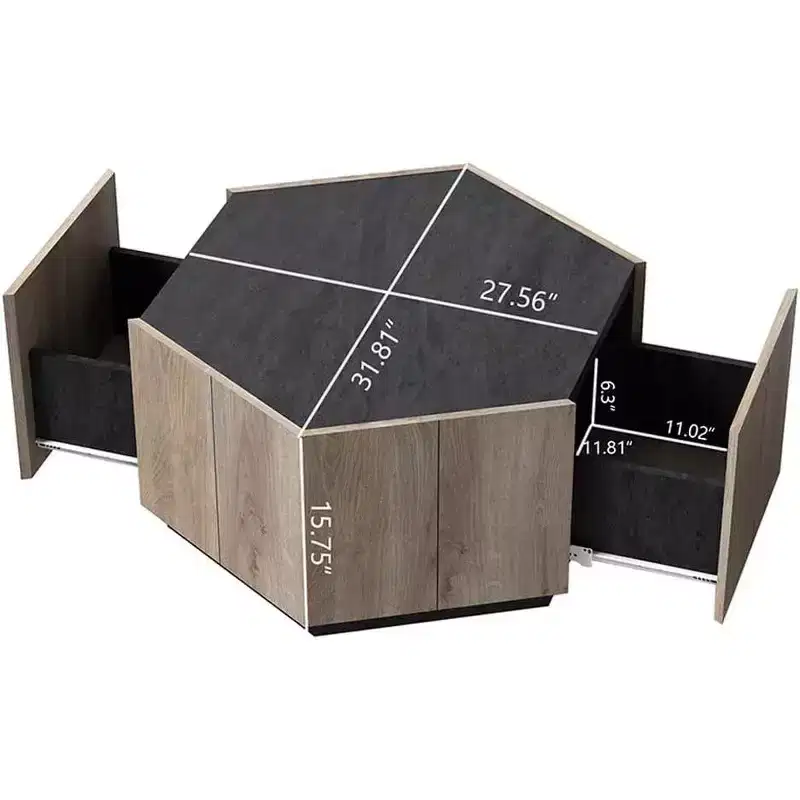 Acekool Industrial Rustic Hexagonal Coffee Table, Oak & Textured Gray Finish, Dual Drawers, Waterproof Top, 31.81x27.56x15.75