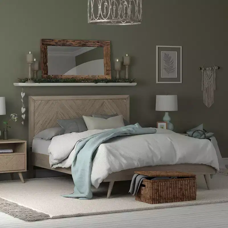 Wooden Platform Bed Frame with Chevron Headboard