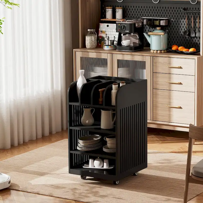 Black / White 6-Tier Kitchen Island Cart with Spice Rack & Locking Casters