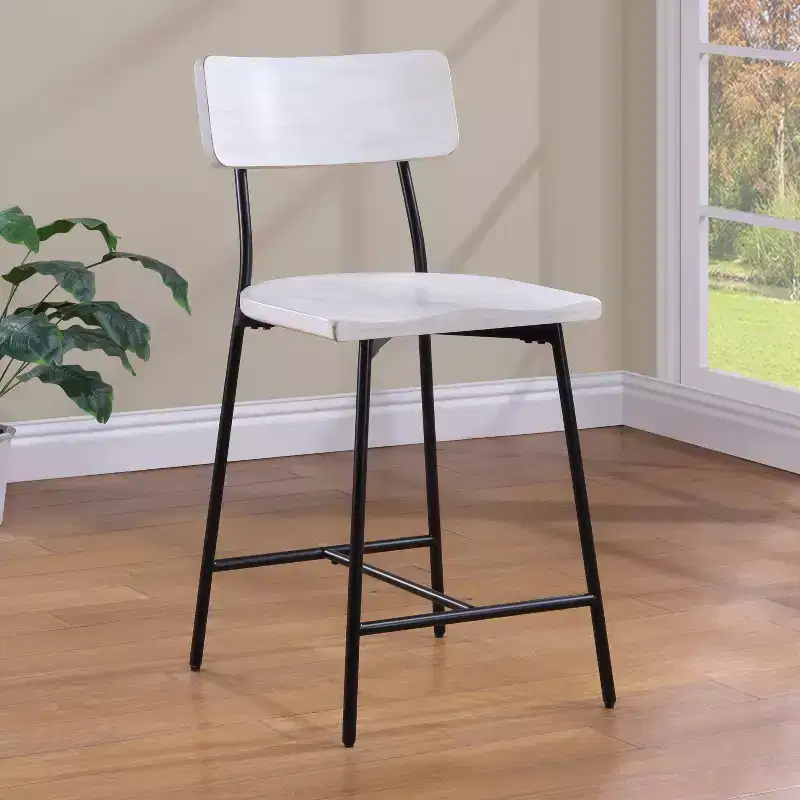 Bari Counter Height Barstool Whitewash: Saddle Seat, Curved Back, Metal Frame