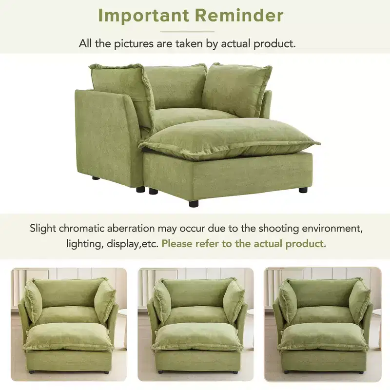 Chenille Armchair with Movable Ottoman, Wide Seat & Curved Armrests
