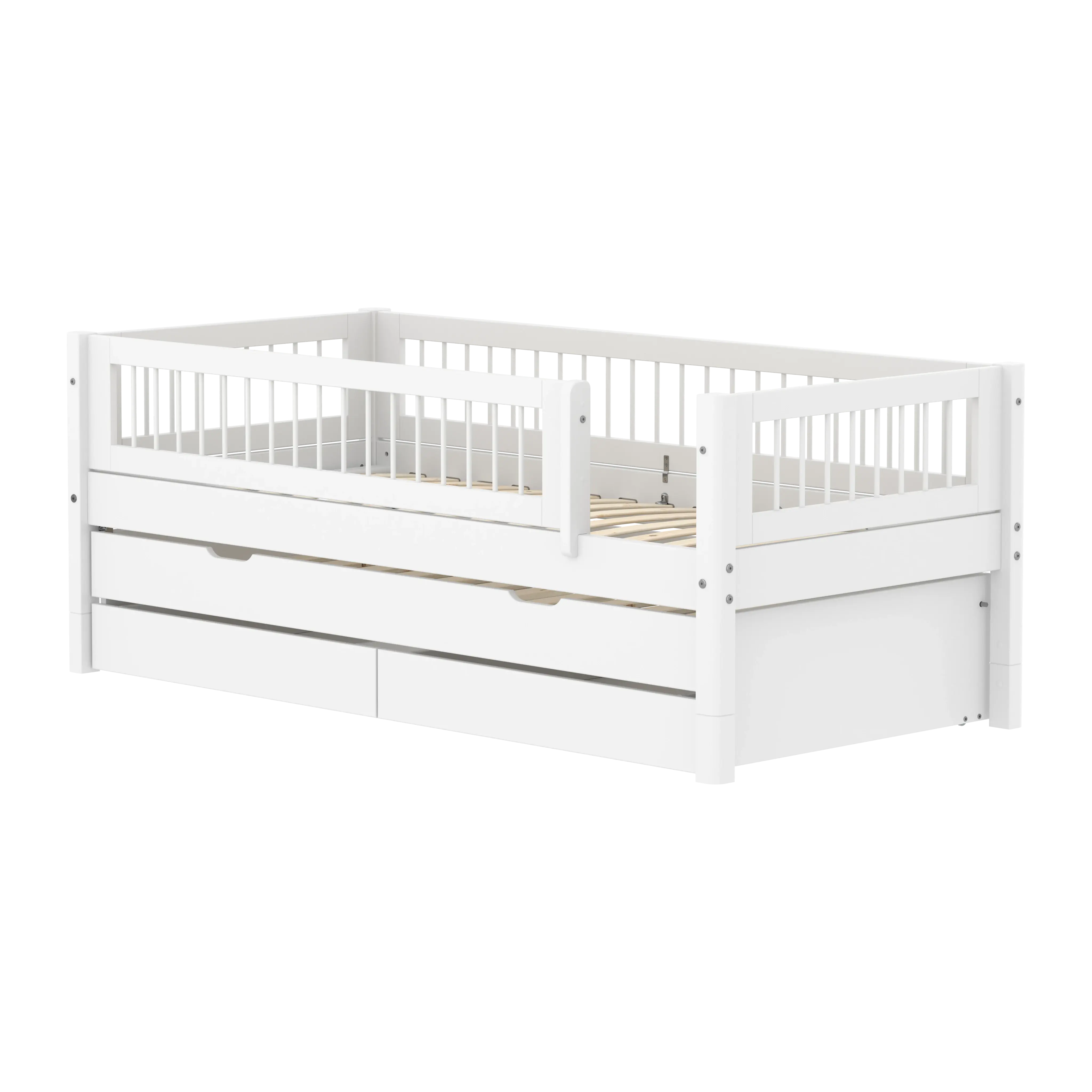 Single Bed with Pull-out Bed, Storage and Safety Rail Crossbars, 90x200 cm, White