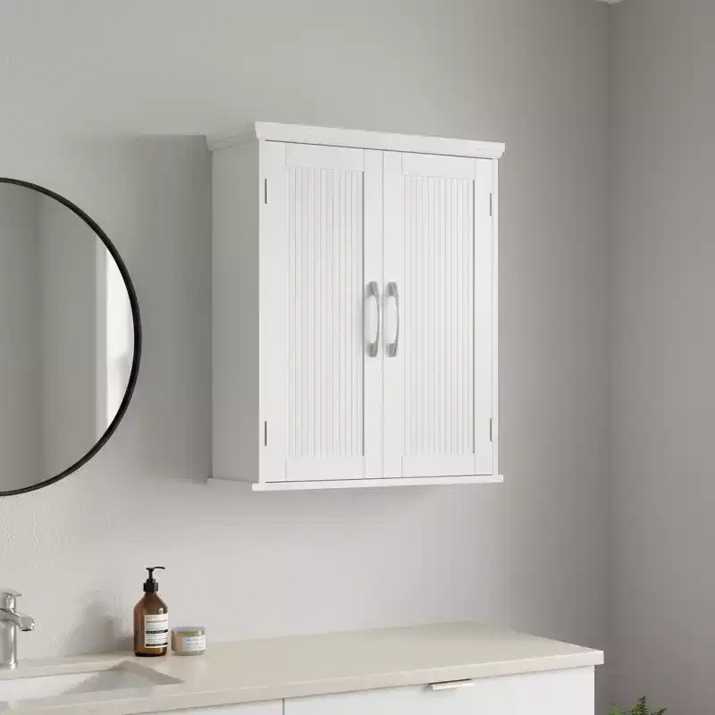 Teamson Home Newport Wall Mounted Storage Cabinet with 2 Doors, Adjustable Shelf and Brushed Nickel Handles, White
