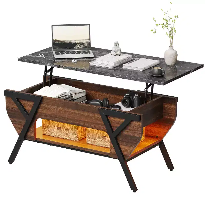 Black & Brown Lift-Top Coffee Table with RGB LED Lights & Storage Shelf, 2-in-1 Design, 1-Person
