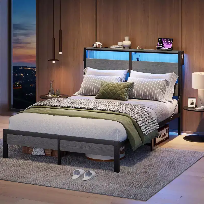 Twin Bed Frame with LED Lights & Charging Station - High Headboard, Under-Bed Storage, Noise-Free