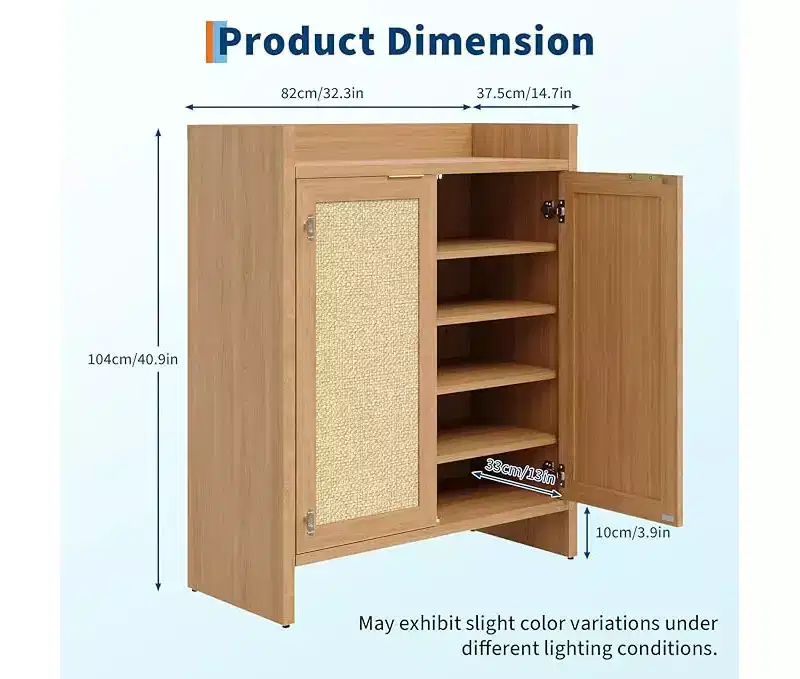 Rattan Shoe Storage Cabinet with Ventilated Rattan Doors & Wood Grain Warmth, Adjustable Shelves for Flexible Storage