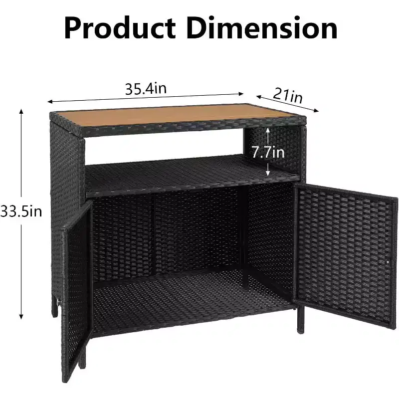 Rattan Storage Cabinet, Outdoor Cabinet for Patio Outdoor Bar Cart with 2 Doors & Adjustable Shelves
