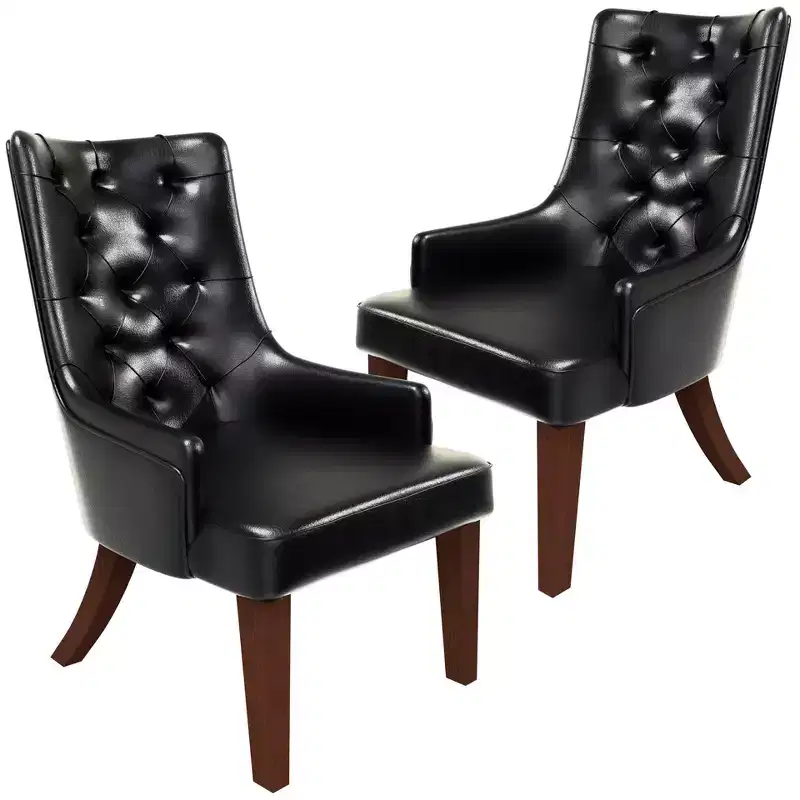 LeisureMod Dining Chair Upholstered in Leather Velvet with Diamond-Tufted High Back Design and Stained Rubberwood Legs
