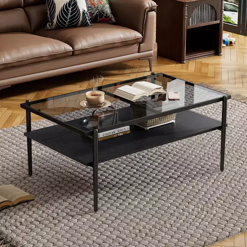 Rectangle Coffee Table with Gray Tempered Glass Top and Legs, Modern Living Room Table