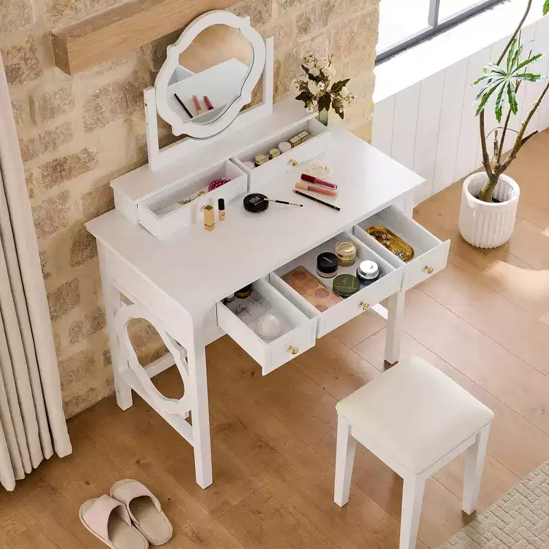 Luxury Makeup Vanity Desk with Reversible Mirror, 5 Drawers, Matching Stool for Small Spaces, White Finish, Space-Saving Design
