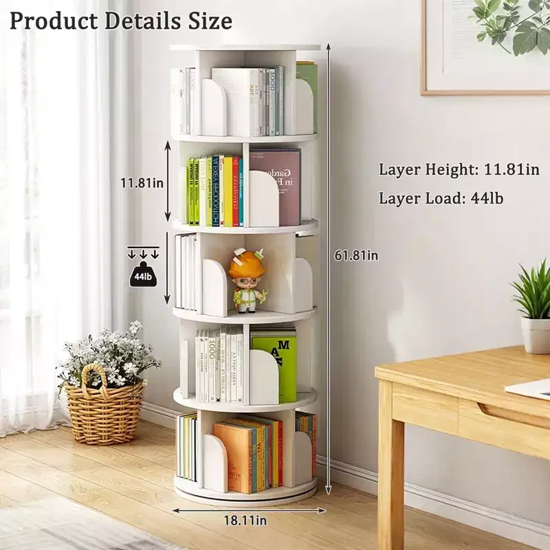 White / Oak / Wood 360° Rotating Bookshelf Tower – 5 or 6 Tier, 1 Person Assembly