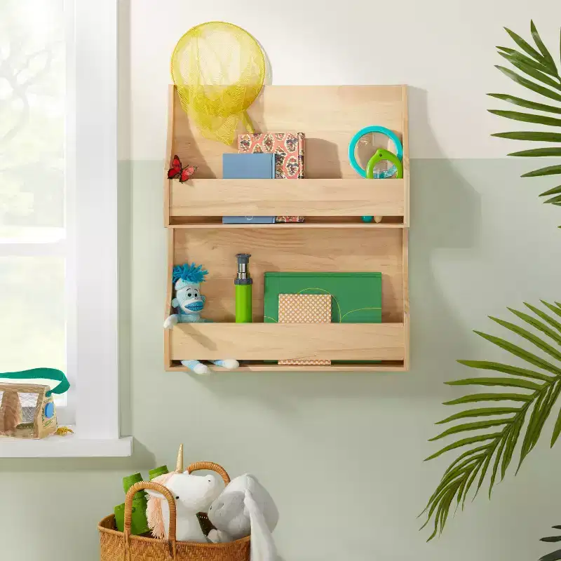 2 Tier Wood Kids' Book Shelf Natural - Pillowfort™: Wall Bookshelf Organizer, Off-White, No Assembly Required