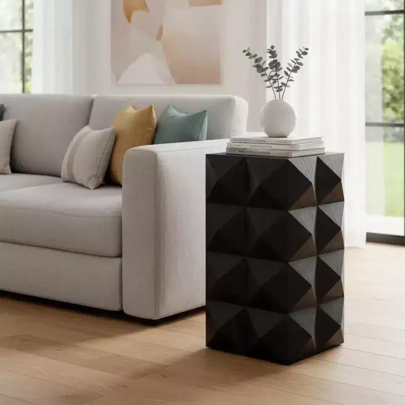 Homy Casa End Side Table, Geometric Carved Solid Wood End Table, Black Accent Table for Living Room, Bedroom