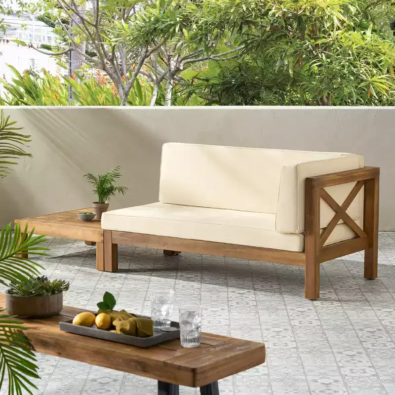 Christopher Knight Home Brava Outdoor Acacia Wood Right Arm Loveseat and Coffee Table Set with Cushion