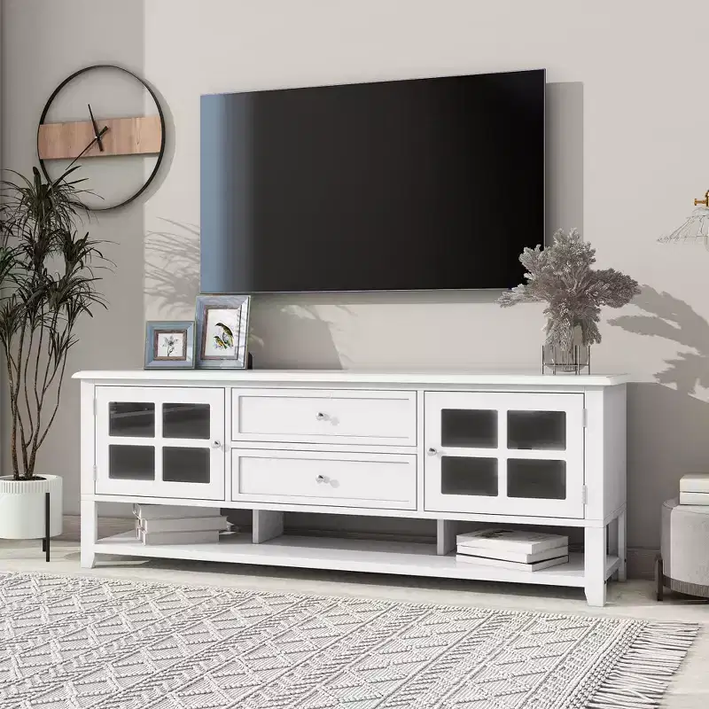 TROPOW Mid-Century Modern TV Stand for 60 inch TV with Multi-Functional Storage Space Media Console for Living Room Bedroom and Office WHITE