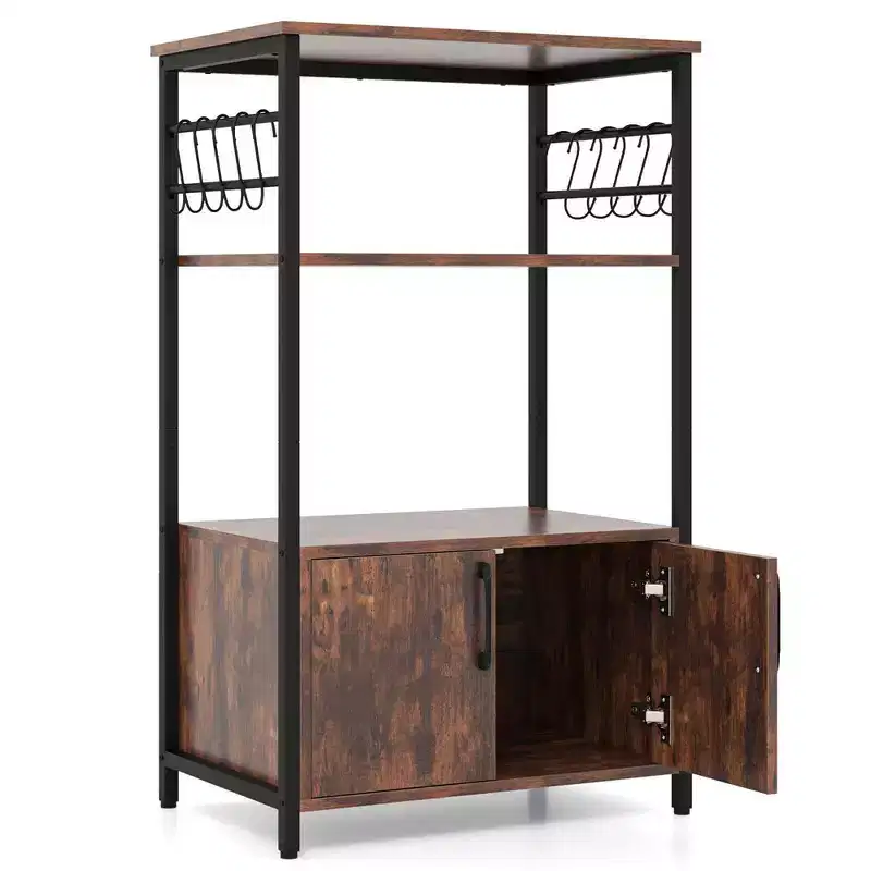 Costway 3-Tier Kitchen Bakers Rack with Cabinet 2 Open Shelves 10 S-Shaped Hooks