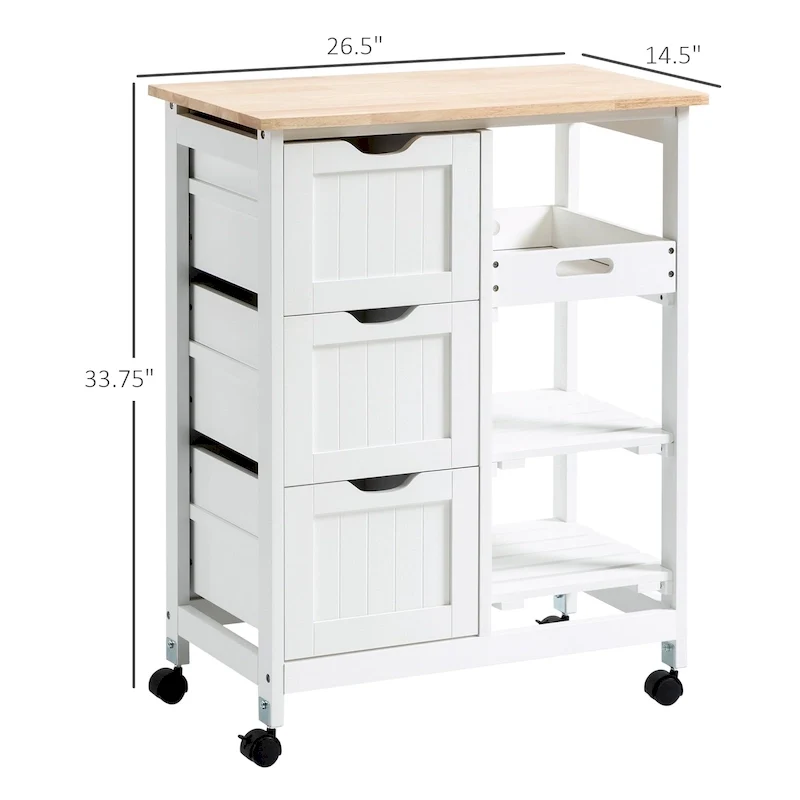 Rolling Kitchen Island Cart with Wood Top, Shelves and Drawers