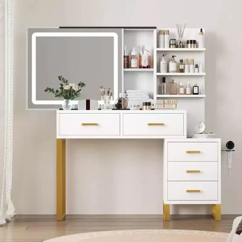 Lighted Vanity Desk with Mirror, Charging Station, 5 Drawers and 3 Open Shelves