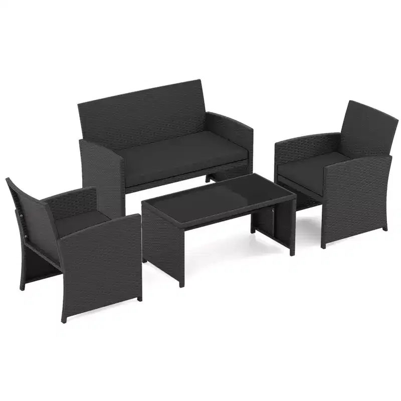 Costway 4 PCS Patio Conversation Set with Seat Cushions & Tempered Glass Tabletop, Outdoor Red/Black/Off-white/Gray/Turquoise/Navy