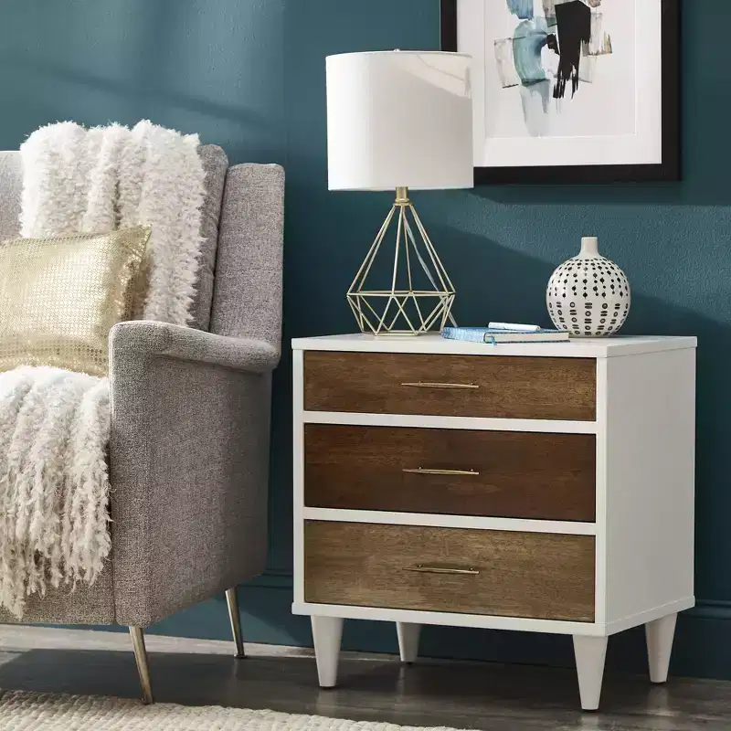 White 3-Drawer Nightstand, Mid-Century Modern