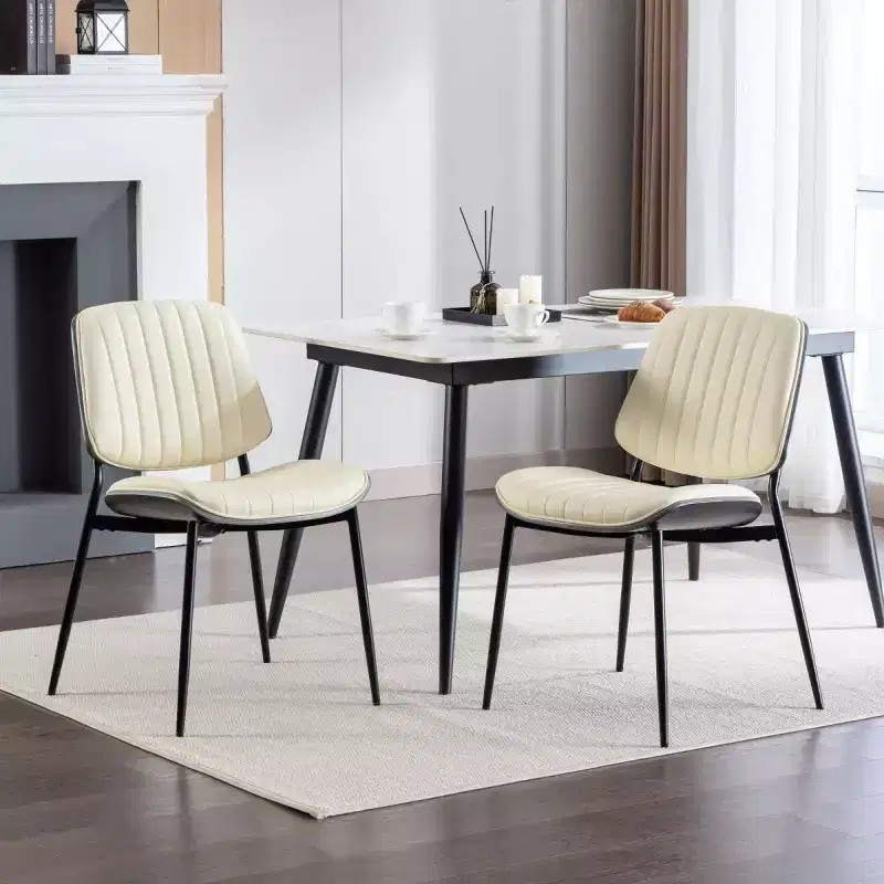 Set of 2 Mid-Century Modern Faux Leather Upholstered Dining Chairs with Curved Backrest, Armless Chairs for Dining Room or Kitchen