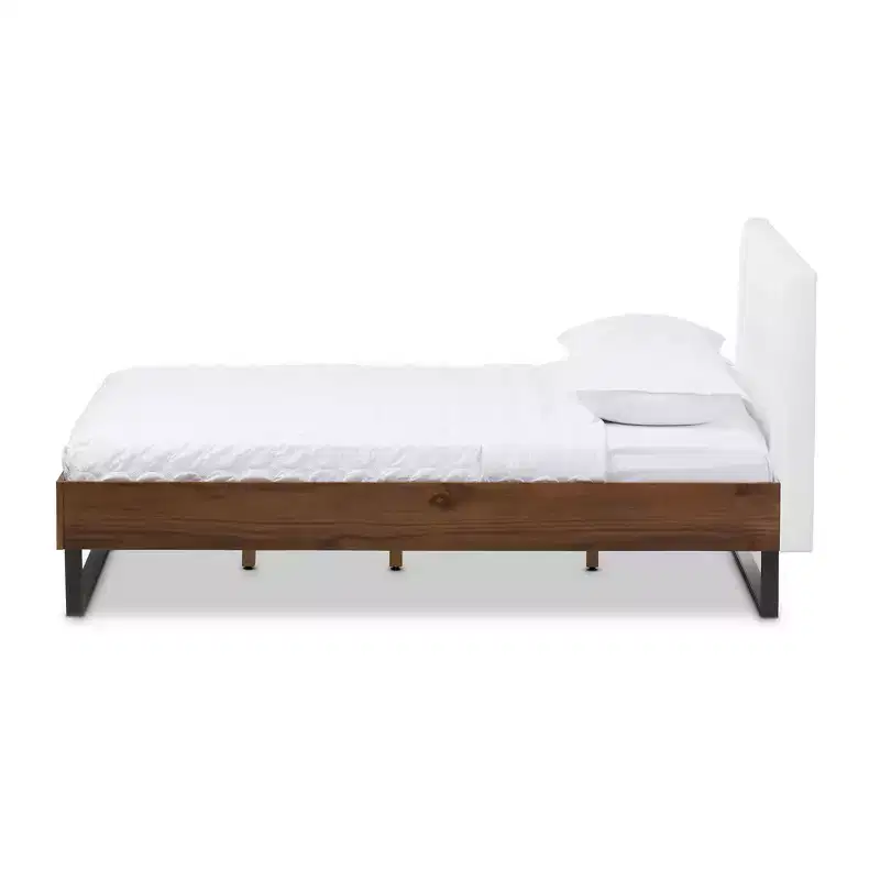Queen Mitchell Rustic Industrial Walnut & Faux Leather Bed - Baxton Studio: Steel Legs, Padded Headboard