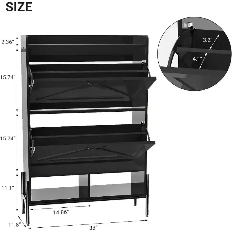 Wooden shoe cabinet with hidden freestanding shoe rack and two flip-top drawers, ideal for entryways and hallways.