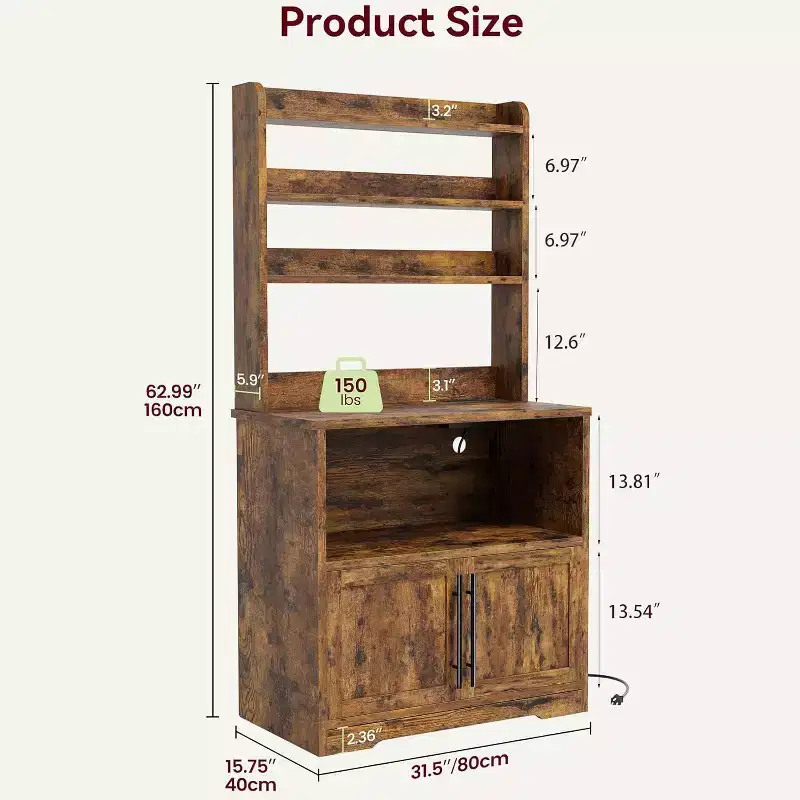 Bakers Rack with Storage Cabinet, Microwave Stand, Farmhouse Kitchen Bakers Rack with Thick Table Top, for Kitchen,Dining Room
