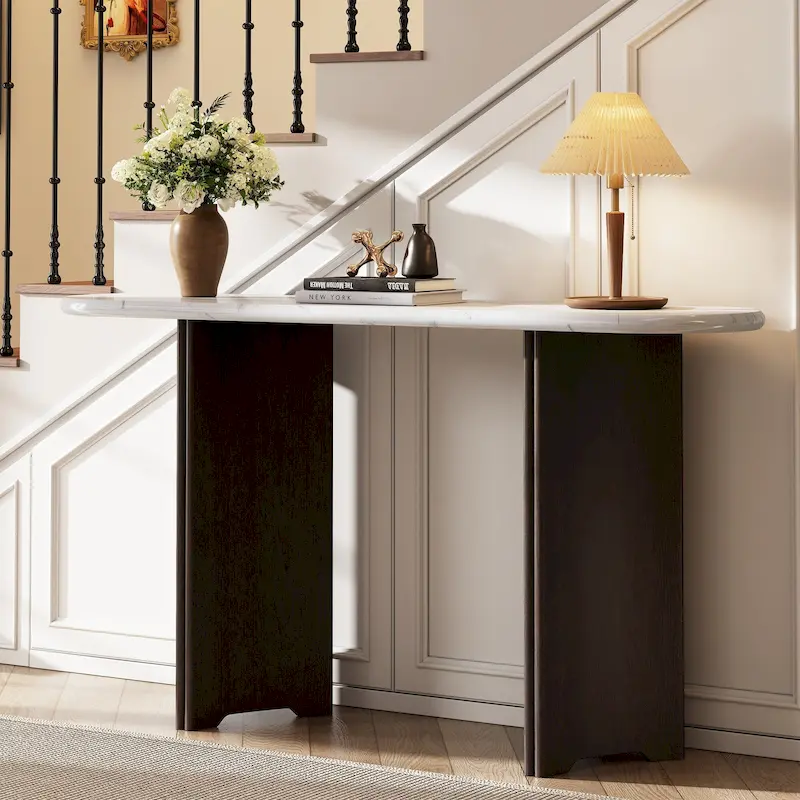 Oval Faux Marble Top Console Table Entryway Table, Narrow Sofa Table Hallway Accent Table with Triangular Base