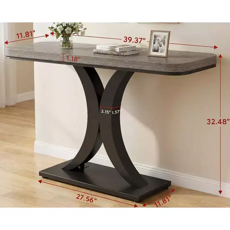 Modern Industrial Compact End Table with Curved Wood Top & Geometric Metal Base