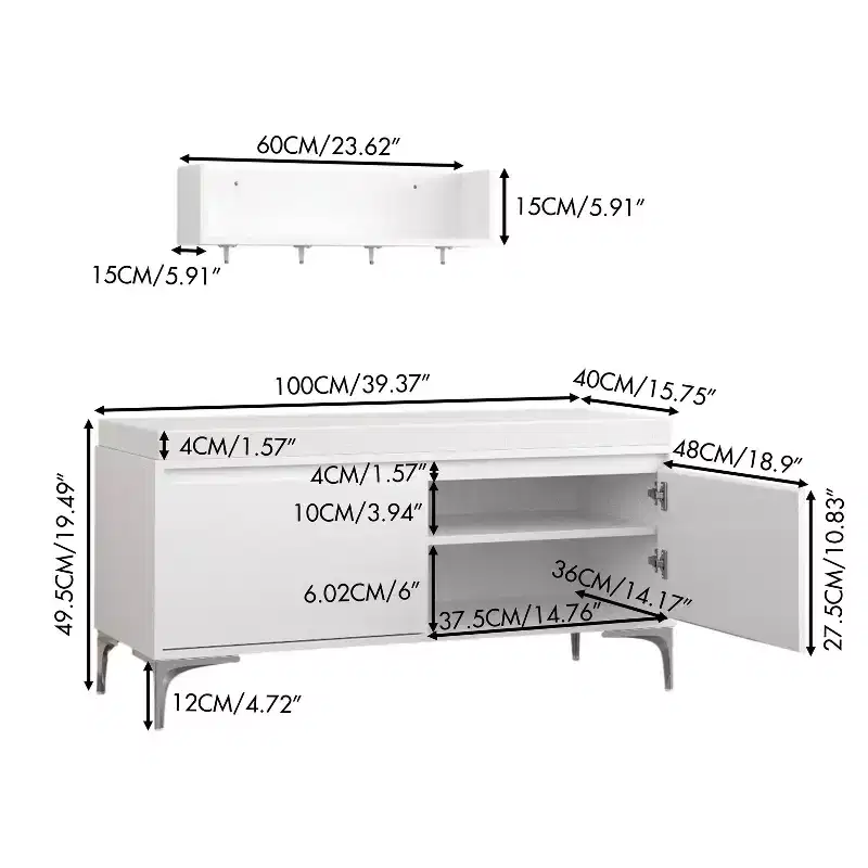 FurnitureR Wall-Mounted Entryway Shelf with Hooks and Storage Bench Set, Modern White Shoe Cabinet with Cushion, Off White