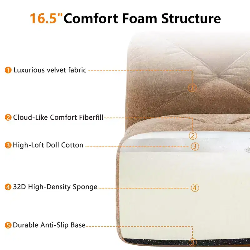 Clihome 110Boneless Sofa With Tufted,Soft Velvet Fabric,Modular Sectional Sofa,32D High Density Sponge,Anti-Slip Design,Ergonomic Design Bottom